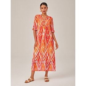 Chiffon Ethnic Print V Neck Midi Dress: retailer-supplied image