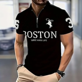 Men's Polo T-Shirt, Short Sleeve with Zipper Collar, Boston Love Your Life Graphic Tee, Number 5  3 Design