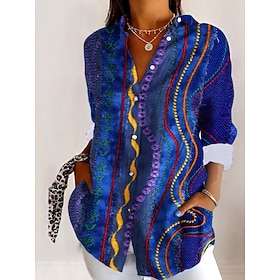 Women's Shirt Linen Like Breathable Lightweight Button Down Tunic Shirt Collar Long Sleeve Graphic Geometric Casual Regular Tops Work Daily s Print Blue Purple