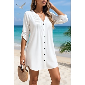 Women's Swimwear Cover Up Swim Dress Swimsuit Buttons Tropical Beach Wear Plain V Wire Long Sleeve Bathing Suits