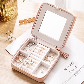 Travel Jewelry Organizer Box with Mirror, Portable PU Leather Jewelry Storage Case, Multi-Functional Jewelry Box for Earrings, Rings, Necklaces, and Accessorie