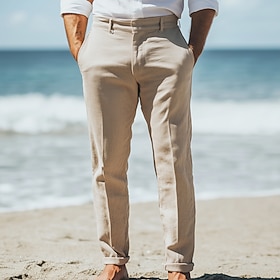 Men's Linen Pants Dress Pants Summer Trousers Straight Leg Plain Breathable Casual Daily Holiday Standard Fit Khaki Beige