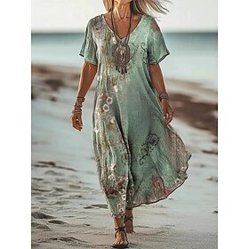 Women's Long Dress Maxi Dress Casual Dress Summer Dress Boho Dress African Daily Vacation Weekend Regular Fit Floral Short Sleeve V Neck Light Green Purple Gre