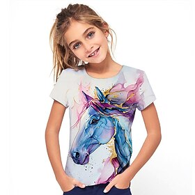 Girls' 3D Horse T shirt Tee Short Sleeve Summer Spring Fashion Basic Kids 4-12 Years Crew Neck Outdoor Casual Daily Regular Fit