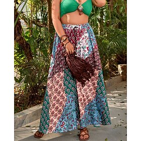 Women's Skirt Casual Boho Maxi Mid Rise Skirts Floral Print Micro-elastic Vacation Street Red Blue Summer Polyester