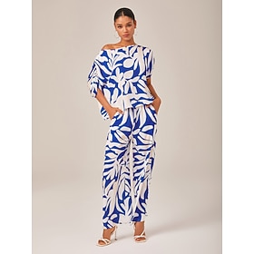 Femmes Incompatibilité Fleuri Col Asymétrique Décontracté Quotidien Décontracté Quotidien Culottes Jambe Large Manche…: retailer-supplied image