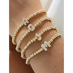 Women's Gold Beaded Initial Bracelet - Personalized Alphabet Charm Jewelry, Adjustable Elastic Stretch Design, Elegant Style, Suitable for Graduation Gifts, Bi