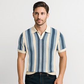 Men's Casual Business V Neck Classic Short Sleeve Vintage Fashion Color Block Vertical Stripes Patchwork Summer Spring Fall Beige