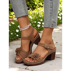Women's Chunky Heel Floral Sandals  Brown Faux Leather Summer Shoes with Ankle Strap  3D Flower Design for Garden Walks and Outdoor Gatherings