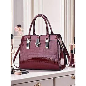 Women's Burgundy Patent Faux Leather Handbag - Croc Embossed Structured Tote Bag with Top Handle and Shoulder Strap, Perfect for Mother's Day Gift, Office, Bus