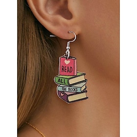 Women's Colorful Book Stack Earrings - Lightweight Wooden Pendant Jewelry for Teachers, Students, Book Lovers - Fun Back to School or Graduation Gift