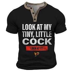 Funny Rooster Pun Men's Graphic T-Shirt: Look At My Tiny, Little Cock Design. Short Sleeve, Henley Collar, Red.