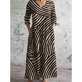Women's Long Dress Maxi Dress Casual Dress Summer Dress Boho Dress Fashion Daily Vacation Weekend Regular Fit Geometric Long Sleeve V Neck Black Khaki Apricot
