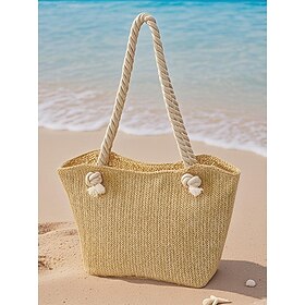 Women's Straw Beach Tote Bag with Rope Handles  Large Summer Handbag for Vacation, Pool, Travel and Casual Outfits Khaki Beige