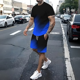 Men's Gradient 2pcs Tees sets Summer Tops Short Sleeve Short Pants Crew Neck Athleisure Sports  Outdoor Casual Daily 3D Print Summer Green Red Blue
