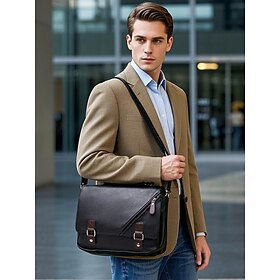 Men's Faux Leather Messenger Bag  Vintage Business Shoulder Bag with Adjustable Strap and Buckle Detail, Professional Briefcase for Office, Work and Travel