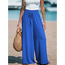 Women's Pants Trousers Palazzo Pants Casual Full Length High Rise Solid Color Drawstring Comfy Soft Inelastic Going out Casual Daily Orange red Apricot Black P
