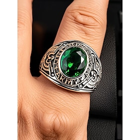 Men's Vintage Army Ring with Emerald Green Gemstone – Antique Silver Military Style Statement Ring for Veterans and Collectors