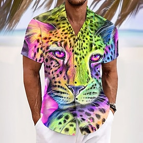 Neon Rainbow Leopard by SHEENA PIKE Men's Leopard Button Up Shirt Short Sleeve Designer Shirt Limited Artist Edition