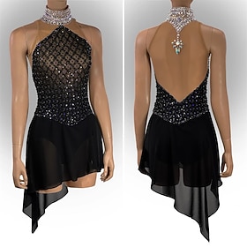 Figure Skating Dress Women's Girls' Ice Skating Dress Black Patchwork Asymmetric Hem Mesh High Elasticity Training Competition Skating Wear Classic Crystal / R