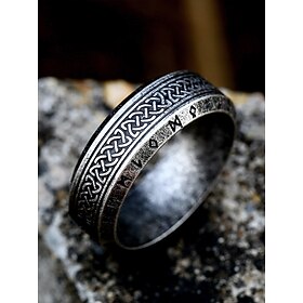 Men's Viking Stainless Steel Ring with Nordic Runes and Celtic Knot Design, Vintage Norse Style Band for Bikers and Cosplay
