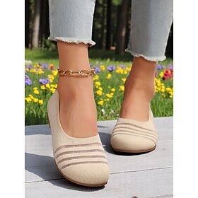 Women's Flyknit Casual Barefoot Shoes - Breathable Mesh Upper Wide Toe Flats Trendy Stripes, Comfortable for Walking and Casual Activities