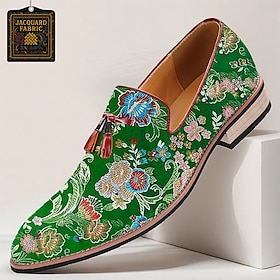 Men's Loafers Green Jacquard Fabric Slip-On Shoes with Floral Embroidery and Tassel Details for Casual and Semi-Formal Occasions