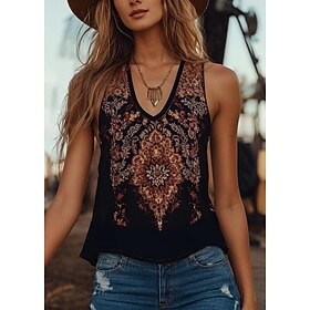 Women's Camisole Tank Top Floral Graphic Bohemia Daily Ethnic Sleeveless V Neck Regular Tops Daily Holiday Going out Black Summer Spring