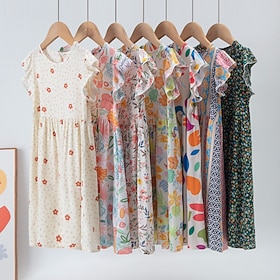 Kids Girls' Dress Flower Short Sleeve Outdoor Ruched Adorable Basic Cotton Knee-length Casual Dress Floral Dress Summer 4 years Light Pink Pink Blue