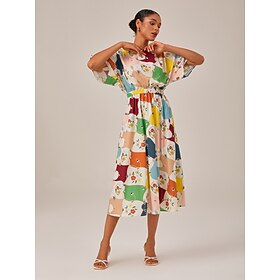 Damen Weiblich Freizeitkleid Langes Kleid Maxikleid Regenbogen Kurzarm Geometrisch Blumendruck Gerafft Elastischer…: retailer-supplied image