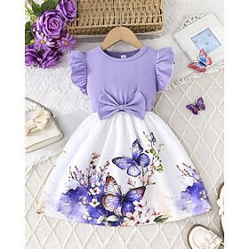 Kids Girls' Dress Butterfly Long Sleeve Outdoor Casual Ruffle Tie Knot Fashion Adorable Polyester Knee-length Casual Dress A Line Dress Summer Spring 4 years Y