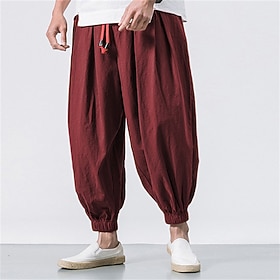 Men's Joggers Linen Pants Trousers Boho Pants Summer Pants Drawstring Elastic Waist Drop Crotch Plain Daily Streetwear Gym Casual Hip-Hop Loose Fit Black White