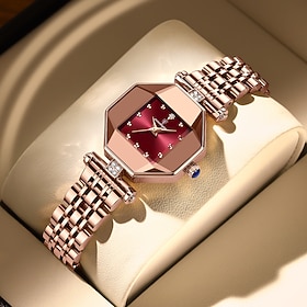 PODEAGAR Women's Quartz Watch, Elegant Red Square Dial Analog Wristwatch with Rose Gold Tone Stainless Steel Bracelet, Crystal Accents, Luxury Fashion Dress Wa