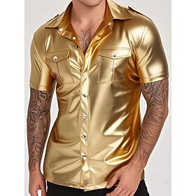 Men's Faux Leather Shirt Shiny Short Sleeve Clubwear for Pride Parade, Festival, Drag, Leather Party Nightclub Fashion