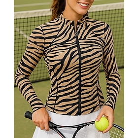 Women's Zebra Tennis Top Long Sleeve Zipper Printing Sweat-Wicking Moisture Wicking Breathable Tennis Golf Running Standing Collar Khaki Black Tennis Clothing