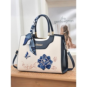 Women's Embroidered Faux Leather Handbag with Scarf Accent  Elegant Floral Top Handle and Shoulder Bag for Office, Weddings and Daily Outings
