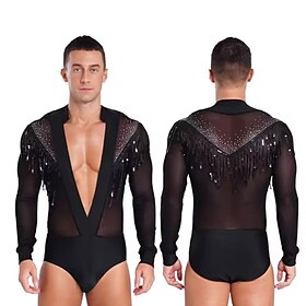 Mens Sheer Mesh Bodysuit Tango Latin Dance Leotard Deep V-neck Figure Skating Dance Costume
