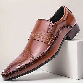 Men's Brown Faux Leather Slip-On Dress Shoes - Elegant Moccasin Loafers with Stitched Detailing for Office and Formal Events