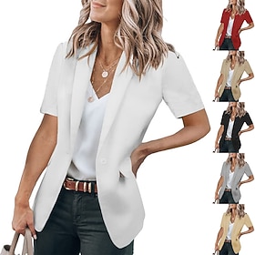 Women's Blazer Breathable Comfortable Ruffle Casual Plain Work Daily Wear Open Front Regular Turndown Regular Fit Short Sleeves Outerwear Black White Red Summe