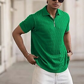 Men's Zip Polo Textured Casual Sports Lapel Quarter Zip Short Sleeve Fashion Basic Geometric Plain Quarter Zip Summer Spring Regular Fit Light Blue Black White