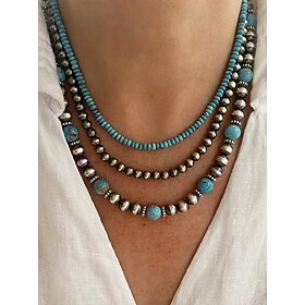 Women's Turquoise Beaded Layered Necklace – Southwestern Boho Style Jewelry for Casual Outfits, Beach Parties and Summer Festivals