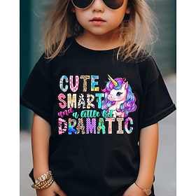100% Cotton Kids Girls' Black Unicorn Letters T shirt Tee Crew Neck Short Sleeve Outdoor Vacation Daily Classic Casual Print Summer