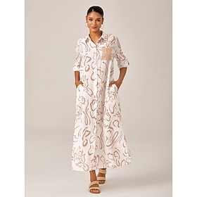 Sequin Apricot Curve Pocket Roll Up Sleeve Maxi Shirt Dress: retailer-supplied image
