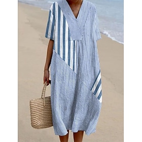 Women's Midi Dress Sundress A Line Dress Vacation Casual Beach Party Going out Beach Loose Fit Graphic Geometric Short Sleeve V Neck Blue White Light Green Roy