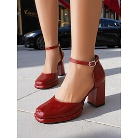 Women's Red Patent Leather Block Heel Pumps  1950s Vintage-Inspired Ankle Strap Dress Shoes for Parties, Work, and Special Occasions