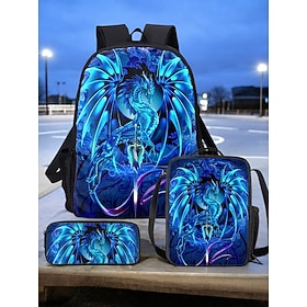Boys' dragon themed three-piece backpack set, Including backpack, Cooler bag and pencil case, Bright blue design, perfect for school, Travel and everyday use,