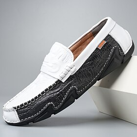 Men's White Faux Leather Loafers with Black Crocodile Texture  Elegant and Stylish Slip-On Shoes for Semi-Formal Events, Weddings and Casual Gatherings