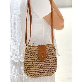 Women's Woven Straw Crossbody Bag with Leather Strap - Chic Boho-Style Handbag for Summer, Beach and Casual Outings