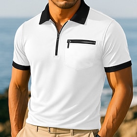 Men's Zip Polo Golf Shirt Casual Vacation Lapel Quarter Zip Short Sleeve Fashion Modern Solid Color Zipper Summer Spring All Seasons Regular White Burgundy Nav