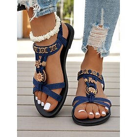Women's Navy Blue Boho Floral Beaded Flat Sandals  Vintage-Inspired Comfortable T-Strap Summer Shoes for Casual Outings, Beach Vacations, and Daily Wear